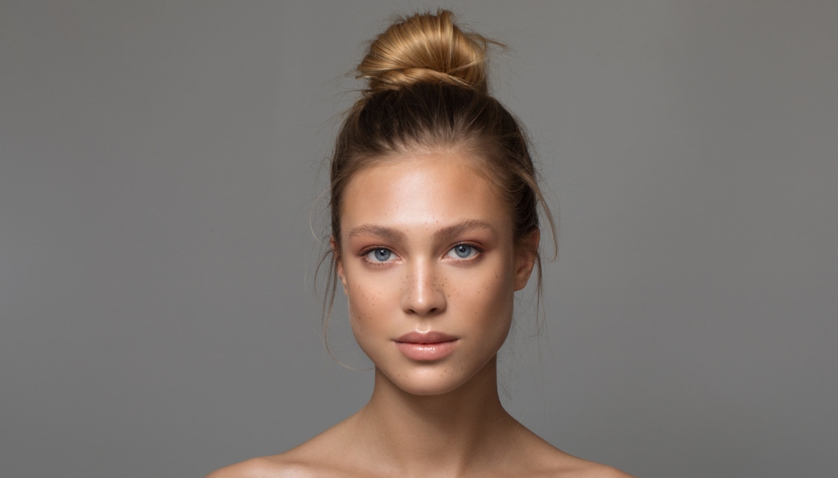 Una ragazza con i capelli biondo scuro raccolti in uno chignon alto e un makeup leggero