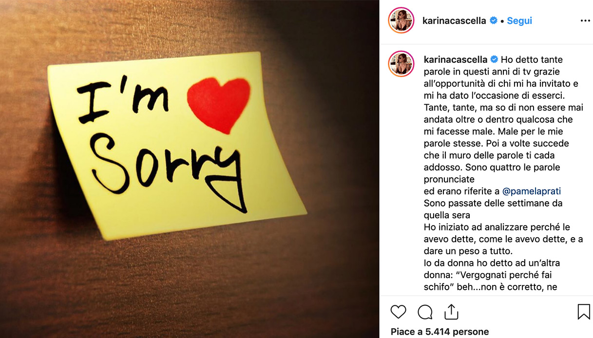 Karina Cascella, le scuse pubbliche a Pamela Prati