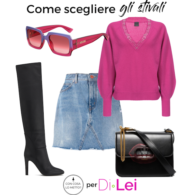 collage con stivali e borsa neri, minigonna in jeans, occhiali e pull fucsia