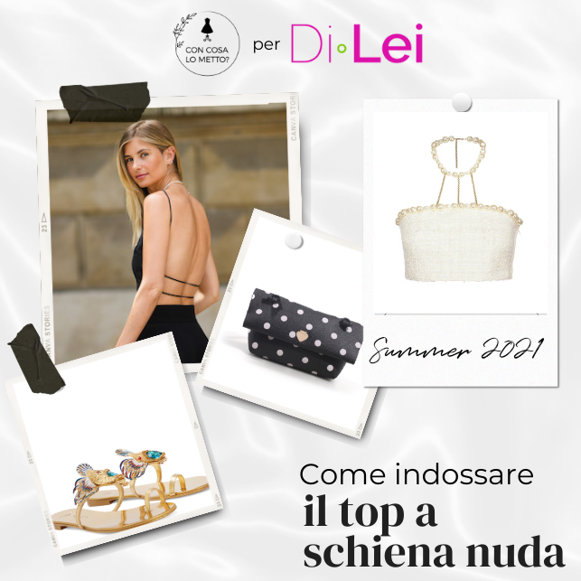 collage con foto di top a schiena nuda e accessori