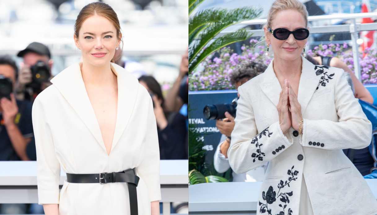 Cannes 2024, Uma Thurman e Emma Stone regine in total white
