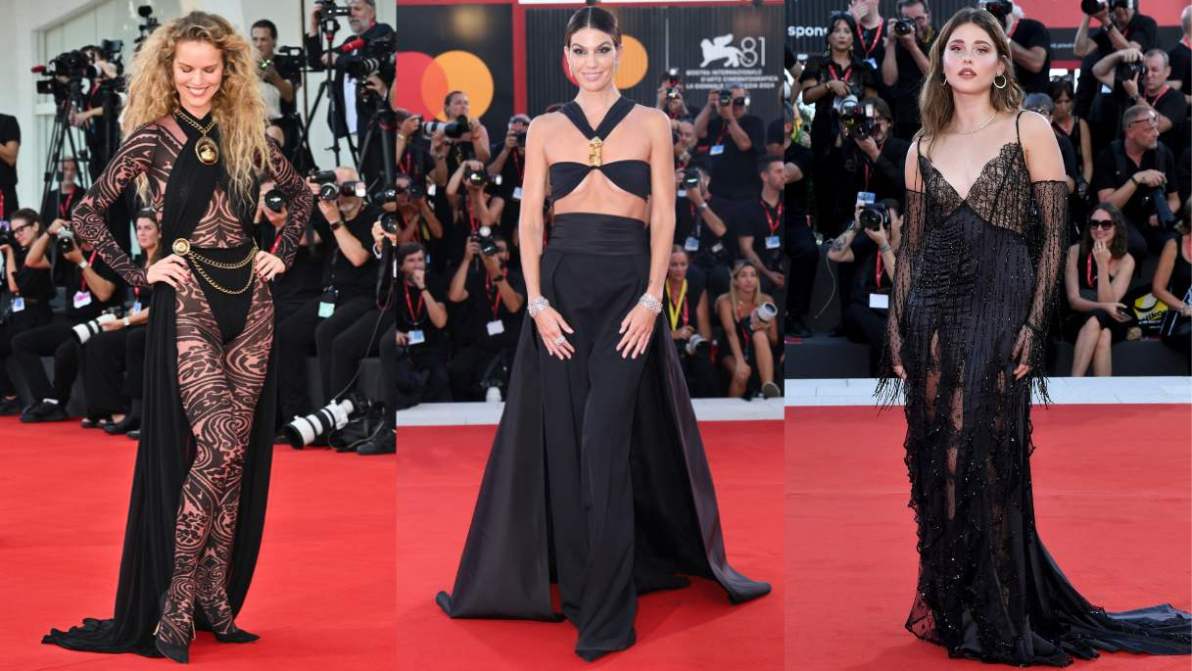 Festival di Venezia, abito-tatuaggio di Eva Herzigova, lingerie a vista e spacchi sul secondo red carpet
