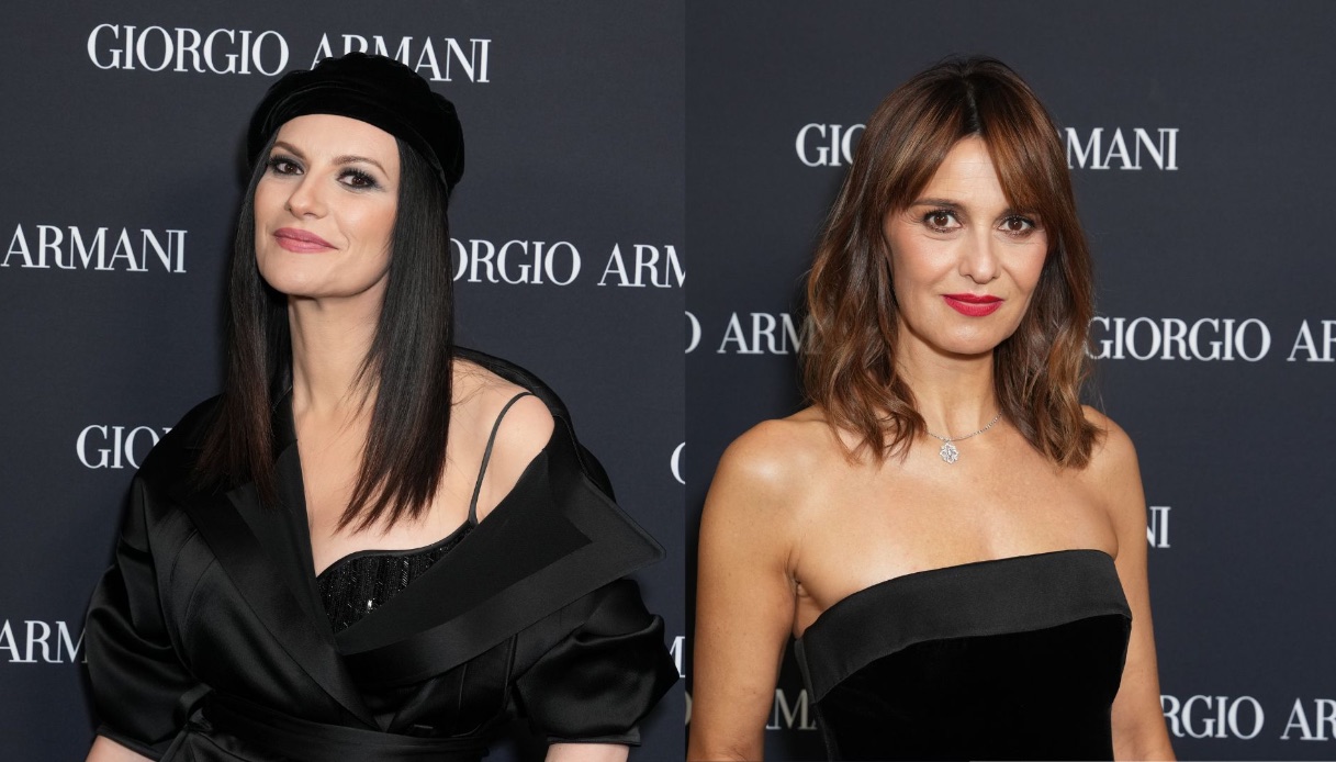 Laura Pausini e Paola Cortellesi, elegantissime e in total black per la sfilata Armani