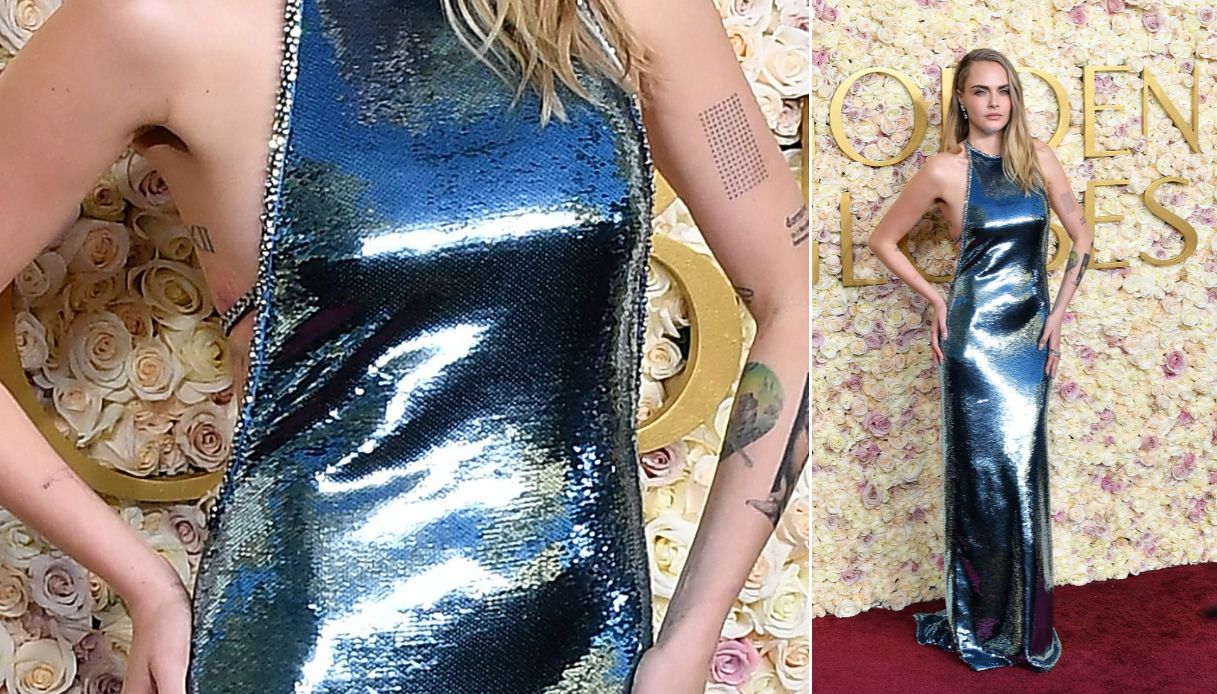 Anche Cara Delevingne ha scelto di brillare con un abito, confezionato in un tessuto celeste completamente luccicante, che sembrava uno specchio. La creazione era animata da un profondo scollo sulla schiena, chiuso solo da una striscia di tessuto ricamato da decori luminosi.