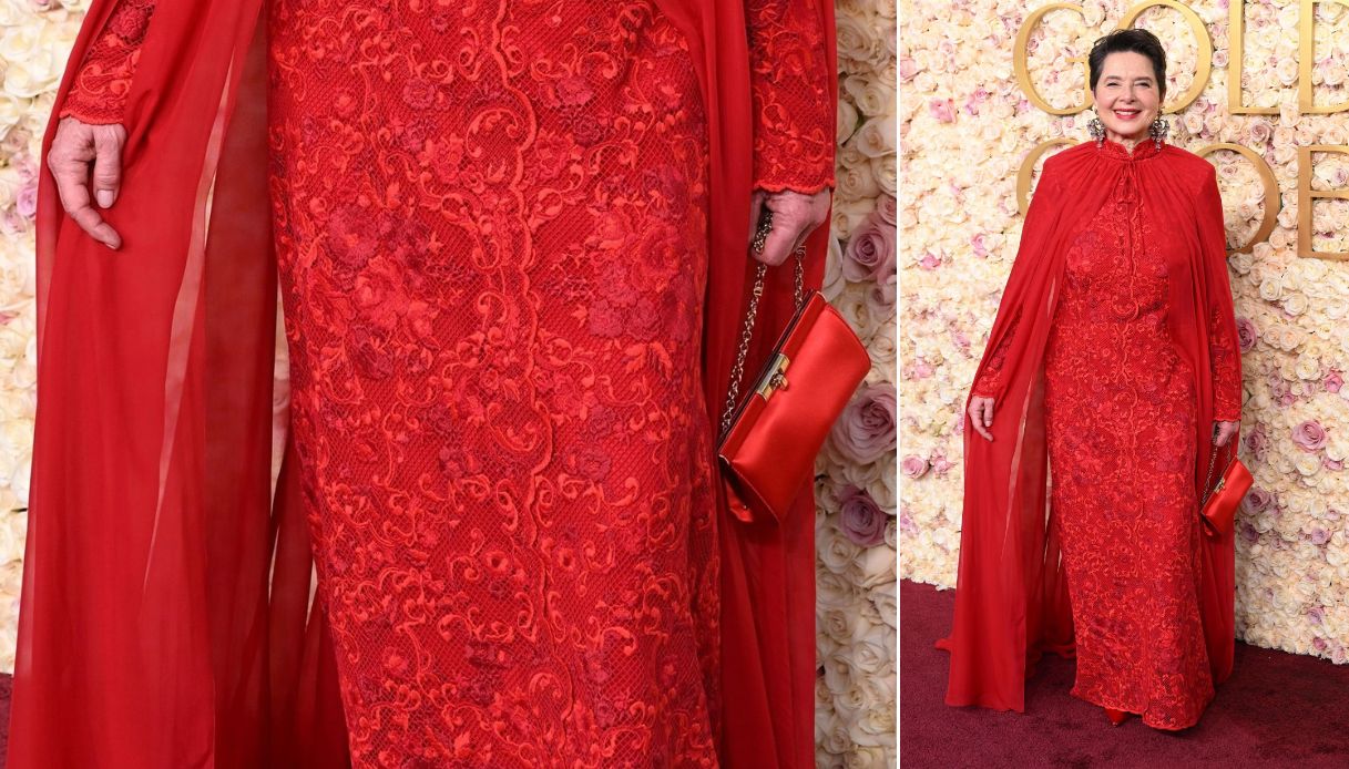 Isabella Rossellini ha rappresentato l'Italia ai Golden Globe 2025 con una creazione di Dolce e Gabbana. Il vestito a collo alto era rosso fuoco, con taglio dritto e completamente confezionato in merletto. L'abito presentava anche un mantello di chiffon, chiuso da un laccetto sul collo. Per completare l'outfit l'attrice ha abbinato una pochette rigida in tinta e delle scarpe col tacco alto. Non sono mancanti anche un paio d'orecchini chandelier.