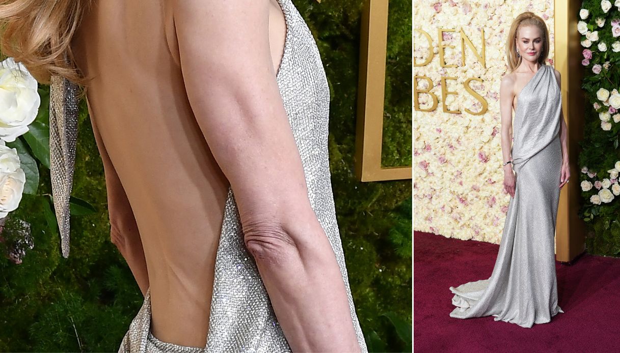 Nicole Kidman ha scelto il colore argento per presenziare ai Golden Globes 2025. L'attrice ha indossato un vestito ricamato da lustrini di Balenciaga, confezionato in un tessuto brillante. Il taglio dell'abito era monospalla e con una linea a tunica, con leggera aggrappatura sul fianco destro, che ricordava le divinità classiche. Nicole Kidman non ha rinunciato, però, a un dettaglio seducente, visto che il suo vestito lasciava la sua schiena completamente nuda. L'attrice ha scelto di sembrare austera anche con l'acconciatura, visto che la sua chioma era fermata in una coda alta dietro la sua nuca.